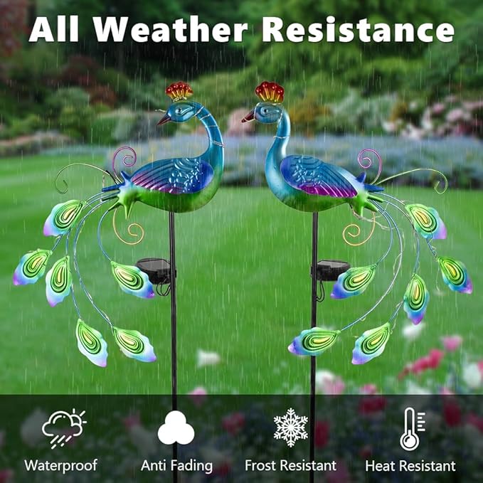 DREAMSOUL 2 Pack Metal Peacock Solar Lights Outdoor Waterproof LED Solar Lights - Image 6