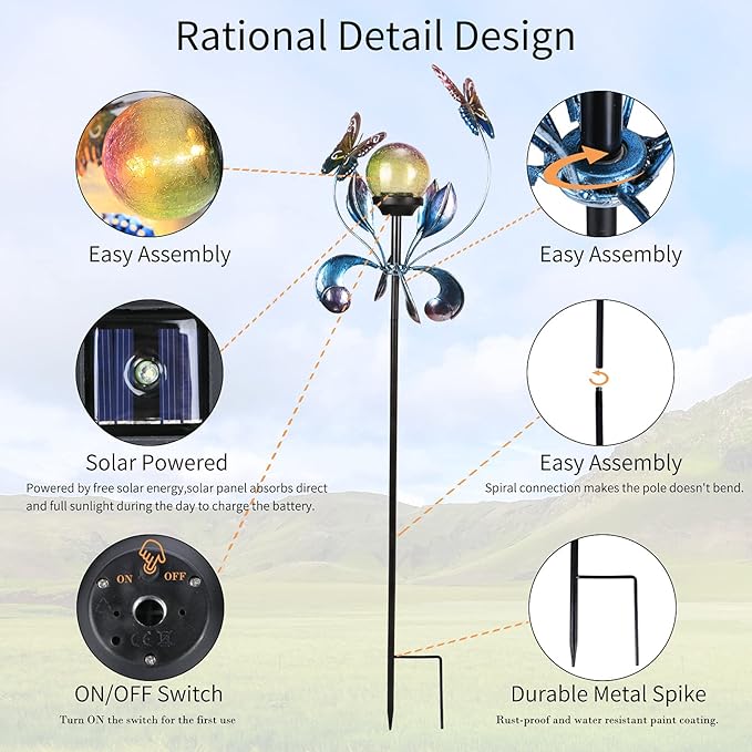 VCUTEKA Solar Lights Outdoor Metal Garden Stake Waterproof Crackle Glass Globe - Image 6