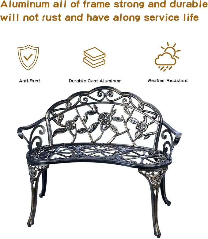 JARDIN DE CENTENNIAL Patio Garden Bench Metal Park Bench Cast Aluminum Outdoor - Image 4