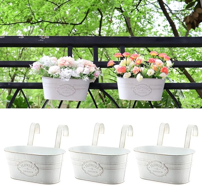 3 Pack Metal Railing Planters, 10.5" Oval Hanging Flower Pots by MeltsetM