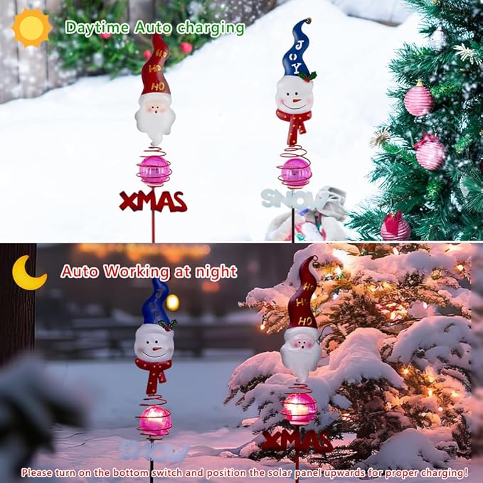 Christmas Solar Garden Stake Lights, 2 Pack Snowman＆Santa Claus Xmas Pathways - Image 4