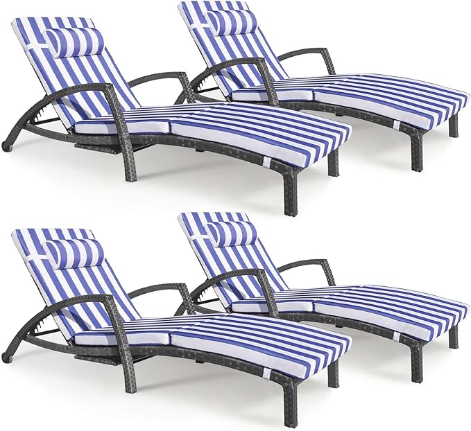 Chaise Lounge Chairs Outdoor Set of 4, Comfy Outside Wicker Patio Pool Lounge by ZZWHOM