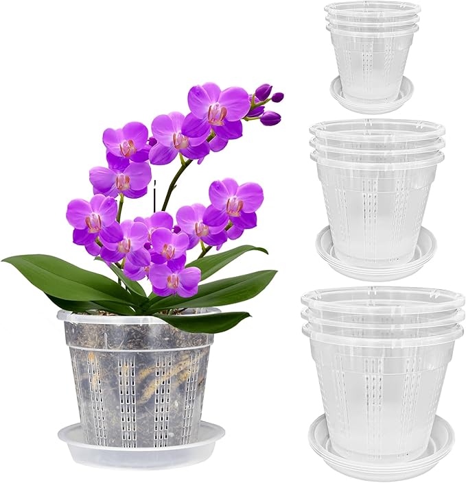 Orchid Pot with Saucers, 3 Each of 4.3", 6.1" Orchid Pots with Holes, 9 Pack by HOLANHING