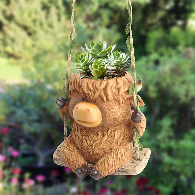Swing Highland Cow Hanging Planters - Image 2