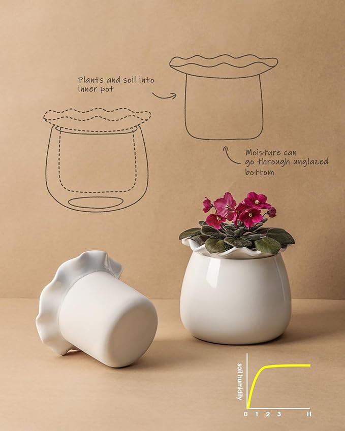Self Watering Plant Pot, 6 Inch African Violet Pots Maintenance, Ceramic - Image 2