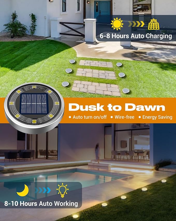 btfarm 10 Pack Solar Ground Lights Outdoor, 8 LED Solar Disc Lights IP65 - Image 2