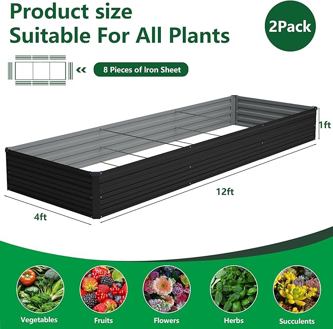 Vengarus 2 Pack 12x4x1FT Galvanized Raised Garden Bed Kit, Outdoor Metal - Image 2