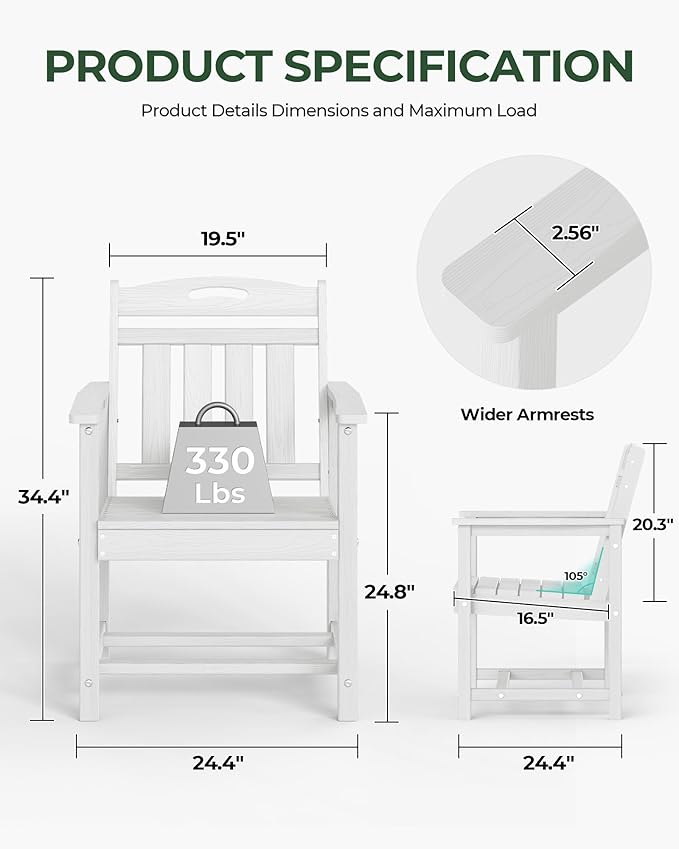 Patio Chairs Set of 2, HDPE Outdoor Dining Chairs - Image 3