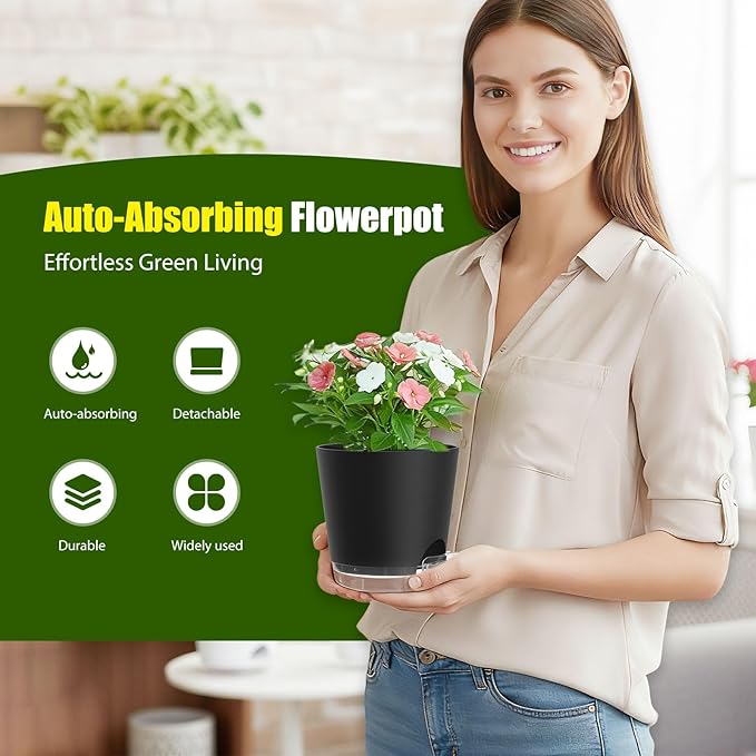 Plant Pots 7 Inch Self Watering Pots, 6 Pack Plastic Planters - Image 2