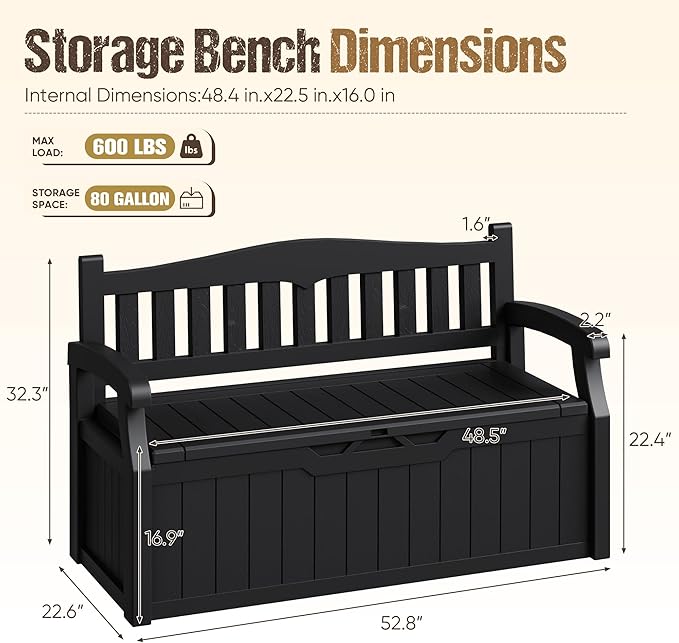 80-Gallon Outdoor Storage Bench, Waterproof Deck Box - Image 3