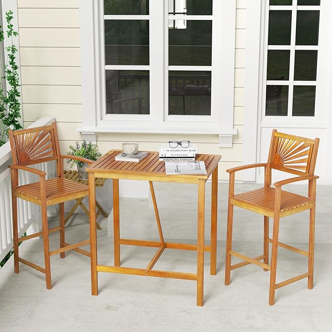 Tangkula 3 Piece Patio Bar Table & Chairs, Outdoor Acacia Wood Bar Set - Image 9