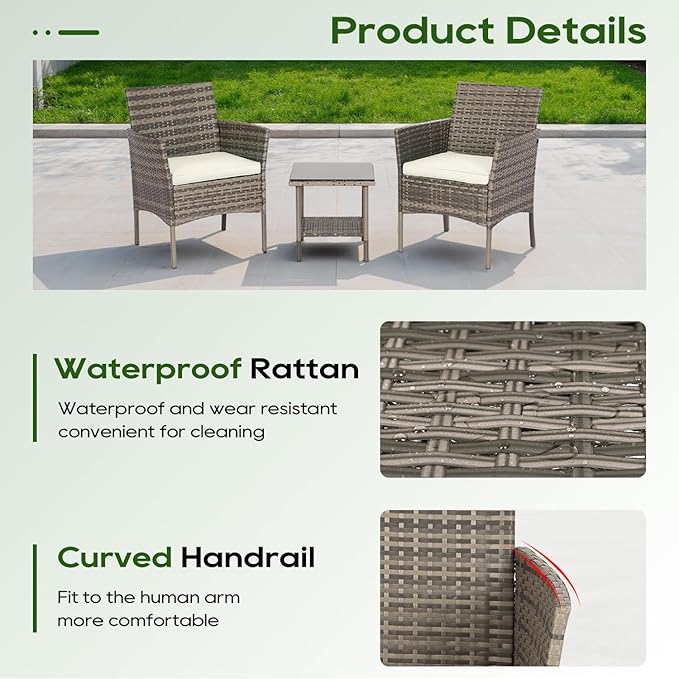 FDW | 3-Piece Patio Furniture Set | Gray & Khaki | Outdoor Wicker Furniture - Image 3