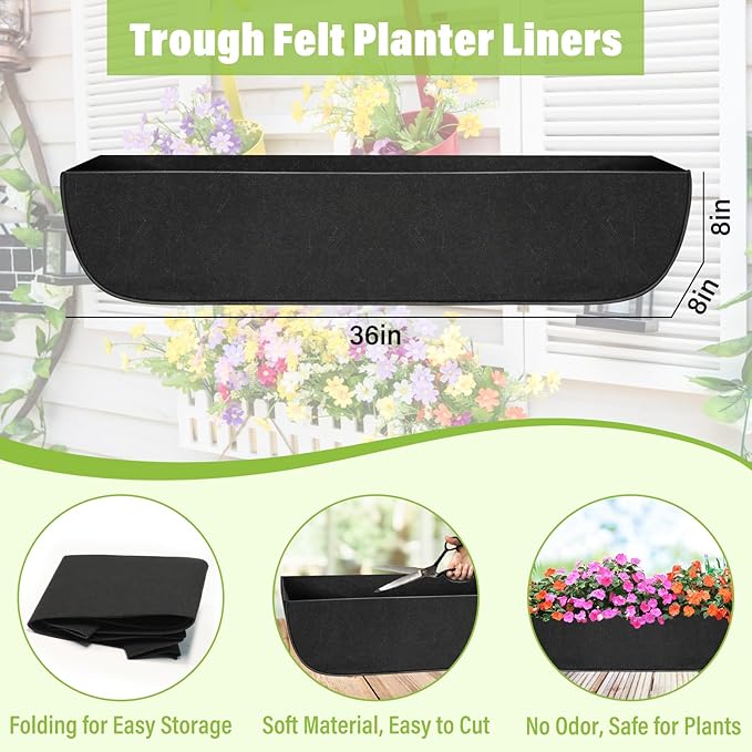 Riare 4 Pack 36 Inch Black Fabric Window Box Liners- Felt Square Trough Planter - Image 2