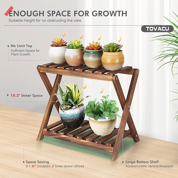 Small Plant Stand Indoor 2 Tier Table Top Flower Succulent Stand Desk Wood - Image 2