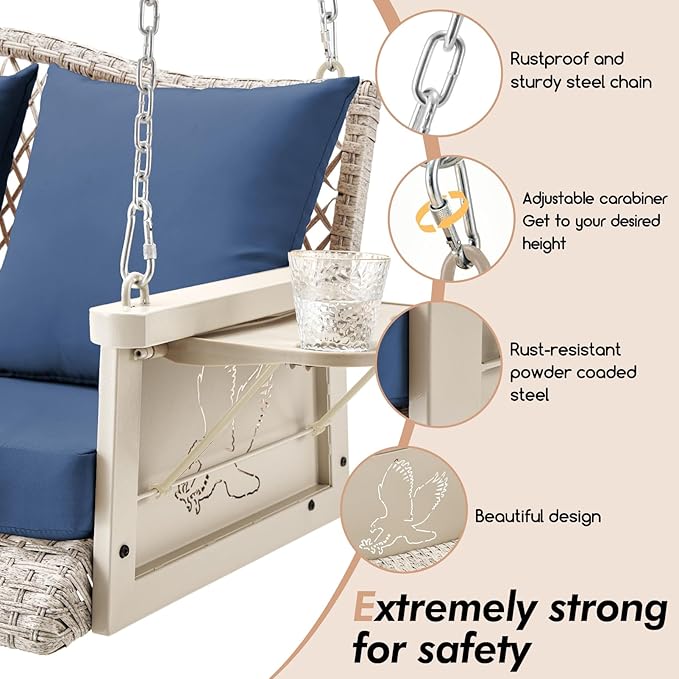 Upgraded Wicker Hanging Porch Swing Heavy Duty 900 LBS 3-Seat Outdoor Patio - Image 6