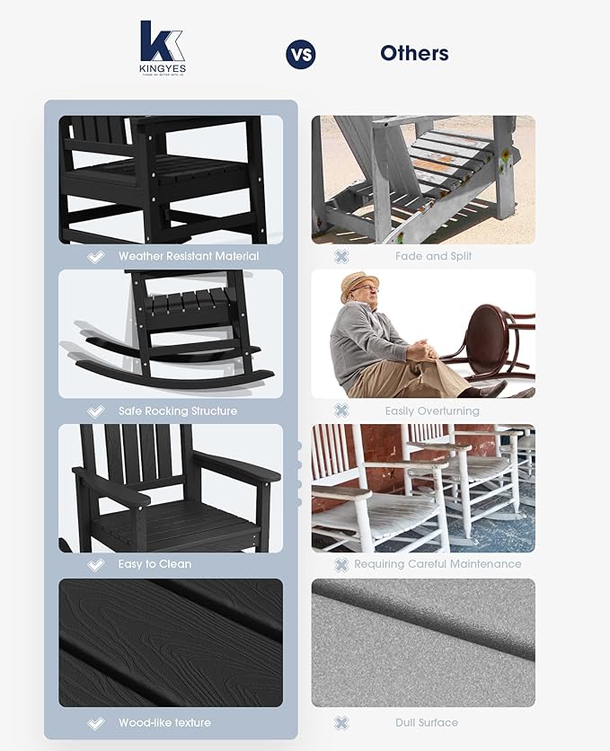 KINGYES Outdoor Rocking Chairs, HDPE All-Weather Patio Rocking Chairs High Back - Image 5