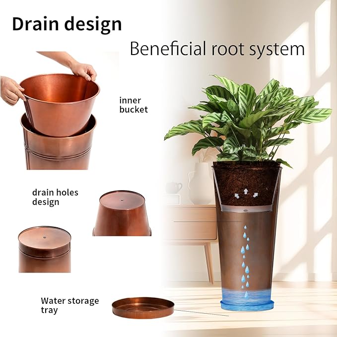 28in Tall Copper Planters Set of 2, Galvanized Steel Tall Outdoor Planter - Image 7