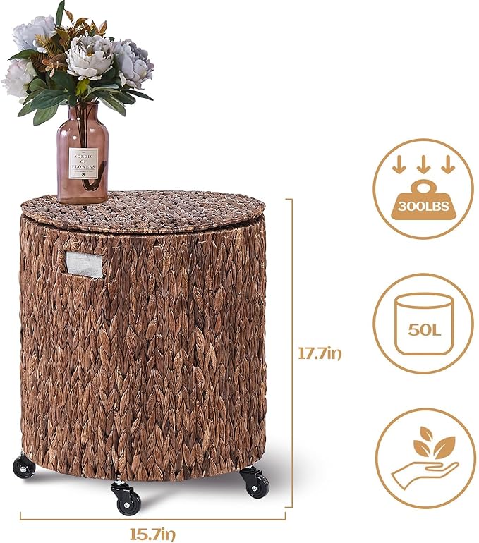 Wimarsbon Round Pouf Ottomans, Handwoven Natural Water Hyacinth Seagrass Pouffe - Image 3