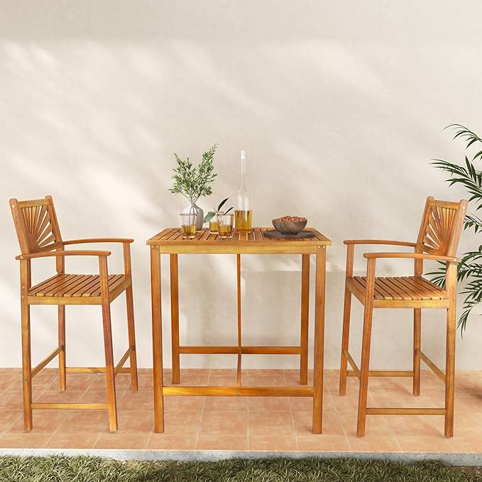 Tangkula 3 Piece Patio Bar Table & Chairs, Outdoor Acacia Wood Bar Set - Image 3