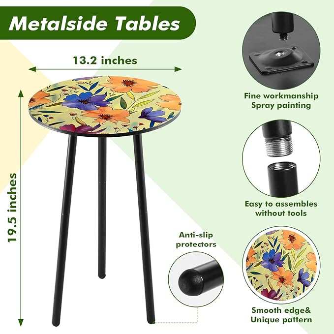 Party Zealot 2 Packs Metal Floral Round Side Table 13.2" Small Outdoor Patio - Image 3