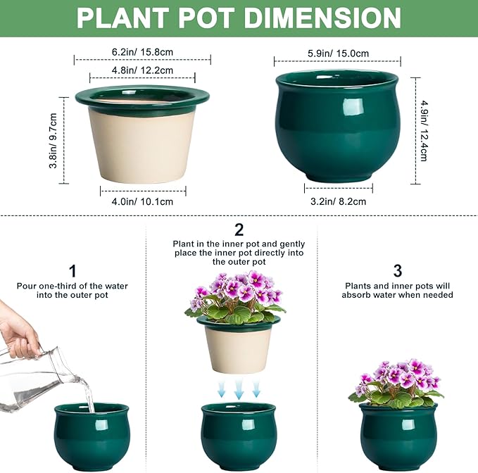 6 Inch Self Watering Plant Pots, Ceramic African Violet Pot - Image 2