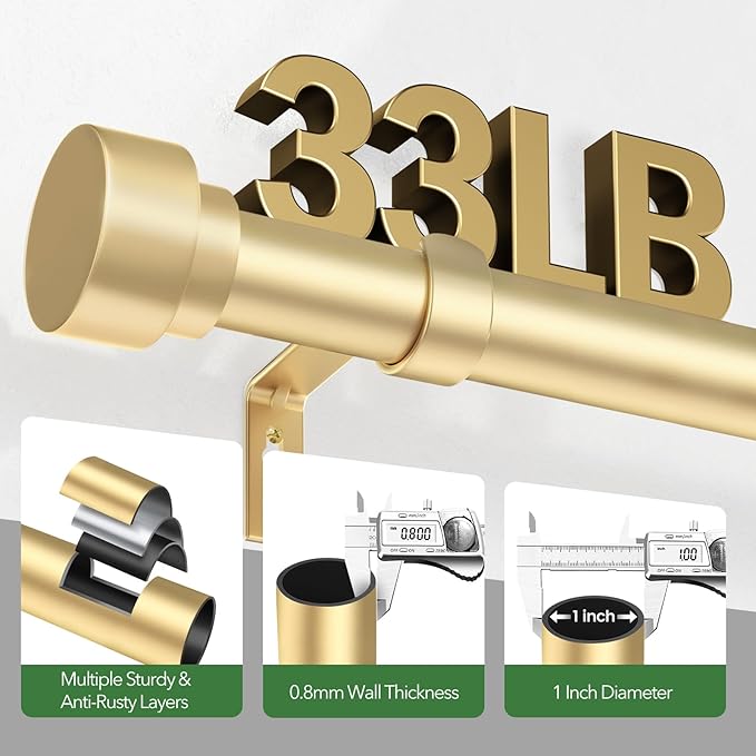 Time Forest Curtain Rods for Windows 28 to 48, 1 Inch Adjustable Gold Heavy - Image 4