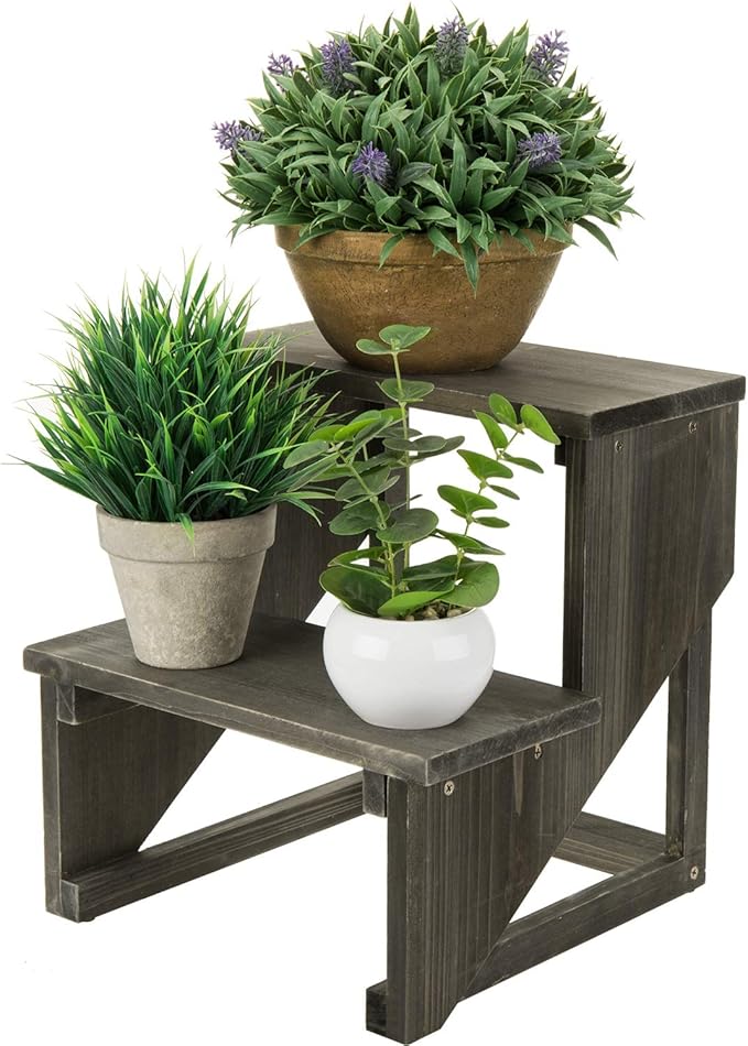 MyGift 2 Tier Rustic Dark Gray Wood Desktop Plant Rack, Farmhouse Style Planter - Image 7