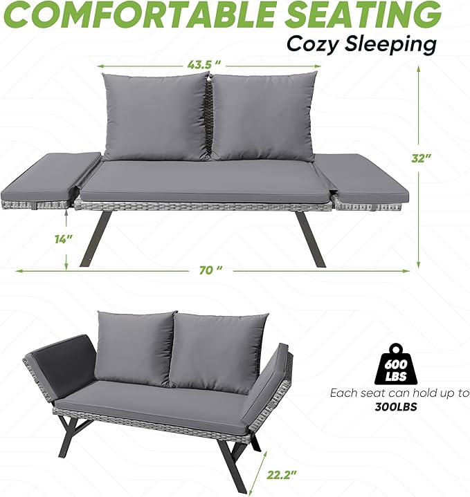 Greesum Outdoor Sofa, Woven Rattan Patio Furniture, Convertible Daybed or - Image 3