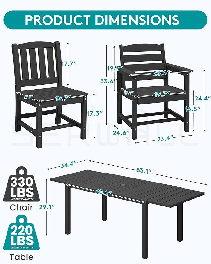 SERWALL 7-Piece Outdoor Dining Set, All Weather HDPE Outdoor Furniture Set - Image 2