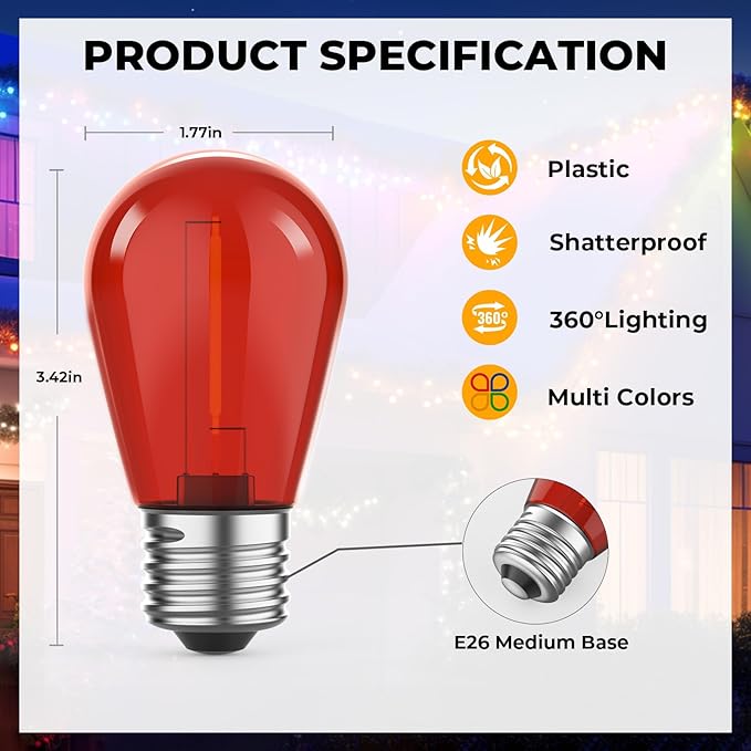 15 Pack S14 Colored LED String Light Bulbs, 1W Plastic Shatterproof Replacement - Image 6