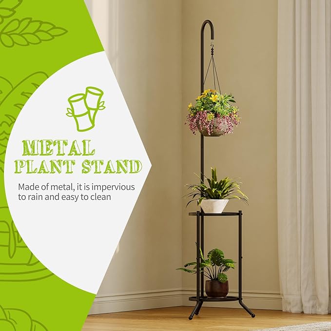Plant Stand with Hooks Indoor Outdoor Corner Tall Plant Stand Heavy-Duty Metal - Image 6
