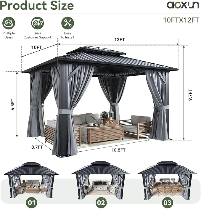 Aoxun Hardtop Gazebo 10x12, Aluminum Frame Canopy - Image 9