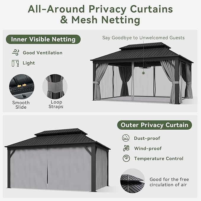 Aoxun 12'x16' Hardtop Gazebo, Aluminum Frame Canopy - Image 3