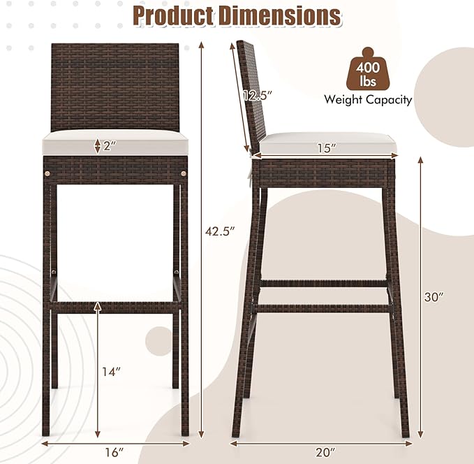 HAPPYGRILL Wicker Patio Barstools Set of 2, Outdoor Rattan Bar Chairs - Image 3