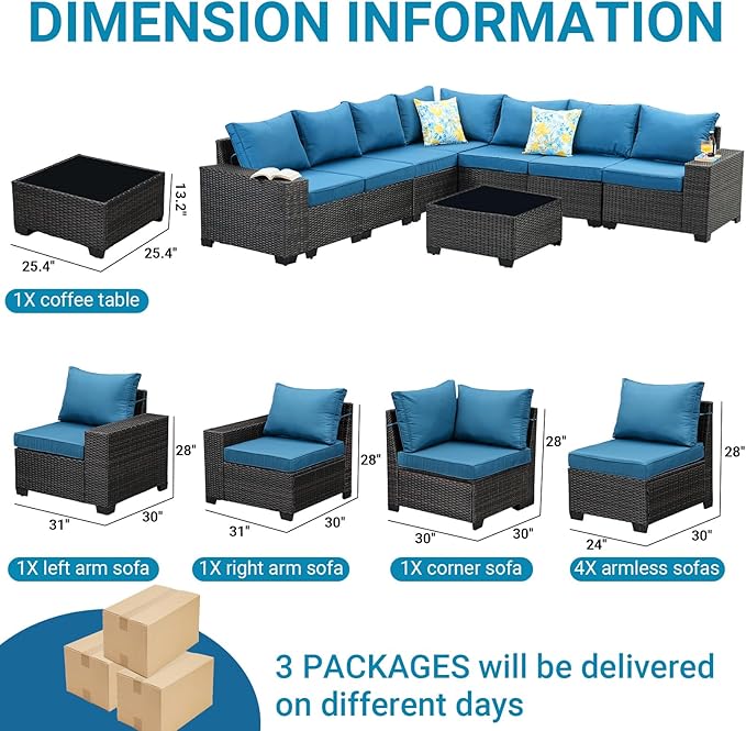 Jing's Villa 8-Piece Patio Furniture Set, All-Weather Outdoor Wicker Sectional - Image 7