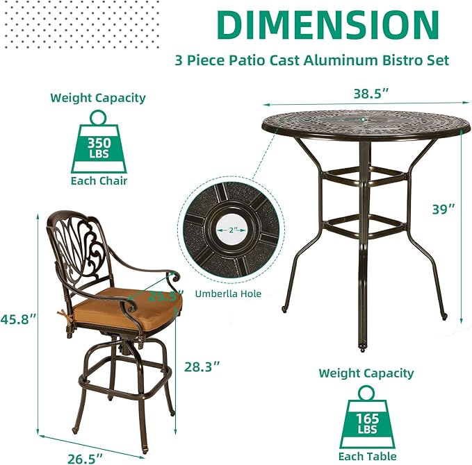 VIVIJASON 3-Piece Patio Swivel Bar Stools Set, All Weather Cast Aluminum - Image 6