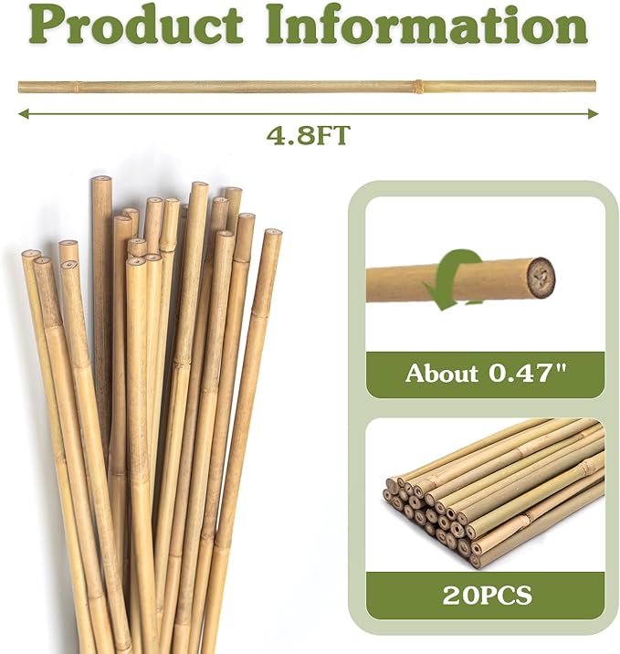 Plant Stakes 4.8FT, Natural Bamboo Stakes, HAINANSTRY 20Pcs Sturdy Bamboo - Image 5