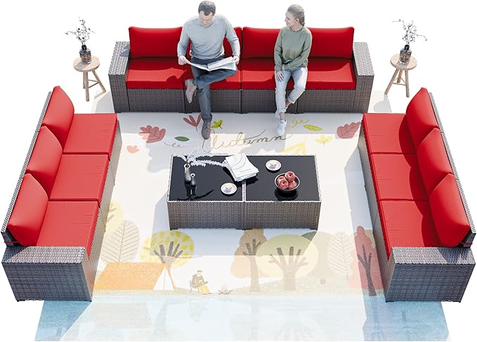 ALAULM 12 Pieces Outdoor Patio Furniture Set Sectional Sofa Sets Brown PE - Image 6