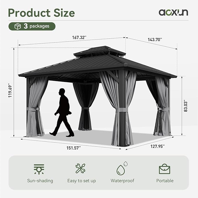 Aoxun 12'x14' Hardtop Gazebo, Aluminum Frame Canopy - Image 9
