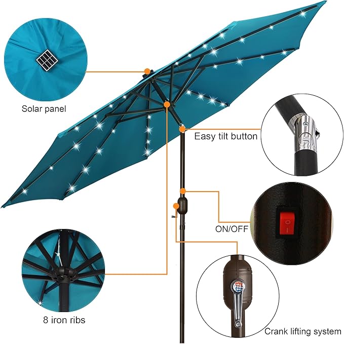 Blissun 9 ft Solar Umbrella 32 LED Lighted Patio Umbrella Table Market Umbrella - Image 3
