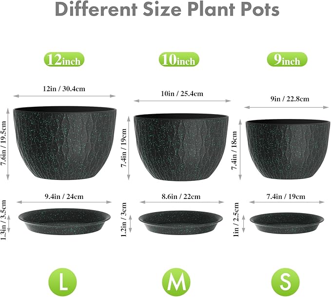 12/10/9 inch Large Plant Pots, 3 Pack Wide Flower Pots - Image 2