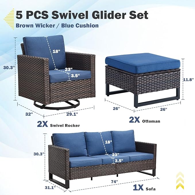 Belord Wicker Patio Furniture 5 Piece Outdoor Sofa Set, Oversize Outdoor Swivel - Image 2