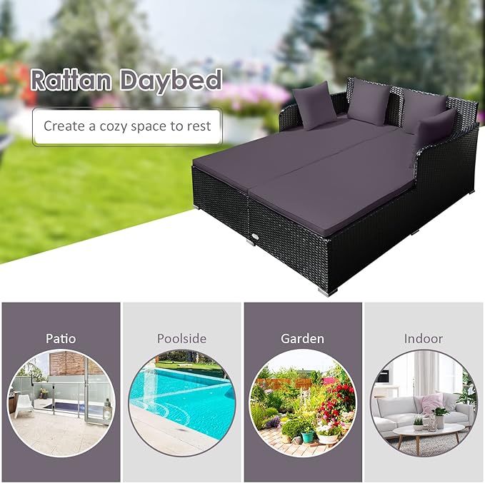 COSTWAY Outdoor Patio Rattan Daybed, Sponge Cushioned Loveseat Sofa - Image 7