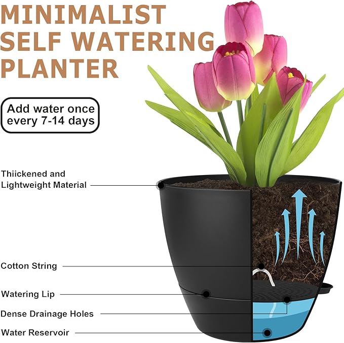 Plant Pots 10/9/8/7.5/7 Inch Self Watering Pots, Plastic Flower Pots, Nursery - Image 4