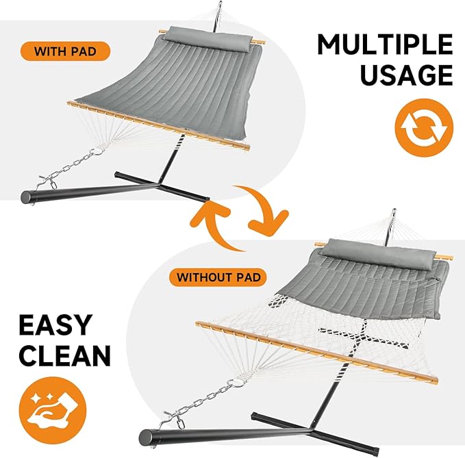 2 Person Outdoor Hammock with Stand, Cotton Rope Hammock with Polyester Pad - Image 3