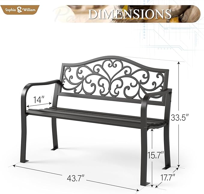 Sophia & William Outdoor Bench, Metal Garden Bench, Cast Iron Park Benches - Image 2