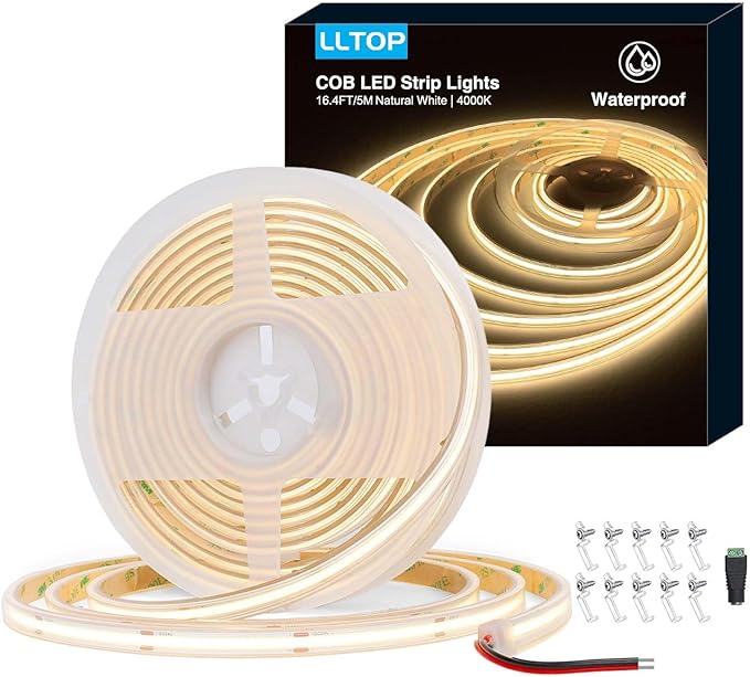 COB LED Strip Lights Waterproof IP67 DC24v Natural White 4000K 16.4ft/5m High by LLTOP