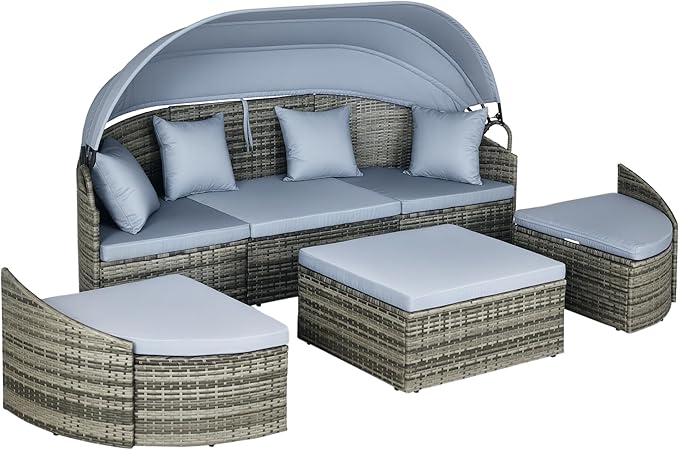 Outsunny 4-Piece Outdoor Rattan Furniture Set, Round Convertible Patio Daybed by Outsunny