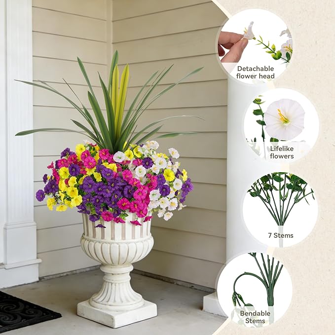 Artificial Flowers for Outdoors Fake Plants Outside, 12 Bundles Silk Morning - Image 3