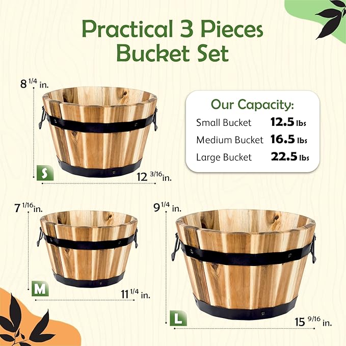 Idzo Set of 3 Wooden Flower Boxes Outdoor, Durable Acacia Wood Barrel Planters - Image 4